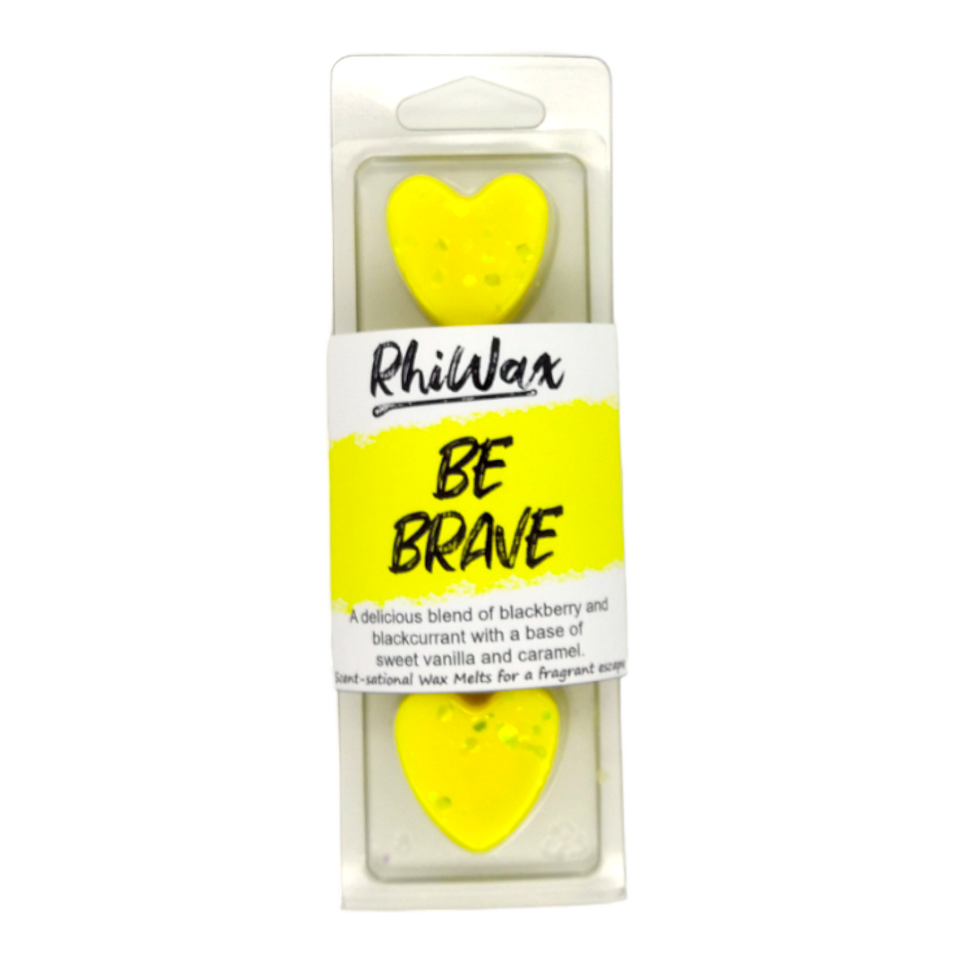 One RhiWax Be Brave wax melt 4 heart clamshell. Wax melts are yellow hearts with yellow glitter.